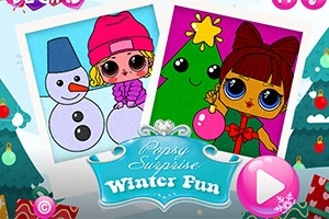 To billeder af karakterer med store øjne: en pige i lyserød hue ved siden af en snemand, og en pige med rød sløjfe foran et juletræ, over teksten Popsy Surprise Winter Fun