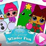 To billeder af karakterer med store øjne: en pige i lyserød hue ved siden af en snemand, og en pige med rød sløjfe foran et juletræ, over teksten Popsy Surprise Winter Fun