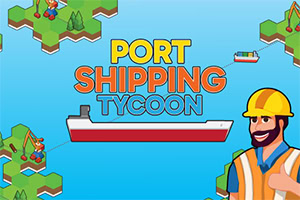 Illustration med en skibstrafikant i hjelm og refleksvest, omgivet af små, grafisk designede øer og en stor lastbåd, med teksten Port Shipping Tycoon