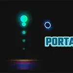 Lysende blå cirkler og ordet PORTAL på sort baggrund