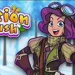 Tegneseriefigur med lilla hår og goggles foran en snedækket baggrund, med teksten potion rush i farverige bogstaver ovenfor
