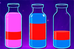 Tre gennemsigtige glasflasker med blå konturer og lag af pink, rød og blå væske på lilla baggrund