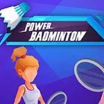 To animerede figurer med ketsjere og teksten Power Badminton på en lilla baggrund