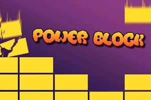 Gule blokke på en lilla baggrund med teksten Power Block i flammer