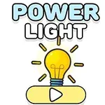 En tegning af en tændt lyspære med teksten Power Light ovenover og en play-knap nedenunder