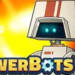 To robotter med forskellige designs og et farverigt, glødende baggrund samt ordet PowerBots nederst på billedet