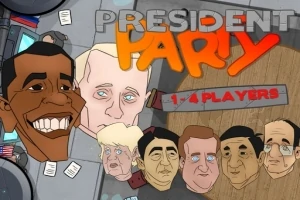 Karikaturtegninger af forskellige personer med teksten PRESIDENT PARTY ovenfor