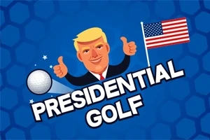 Tegneseriefigur med blondt hår og to tommelfingre op, ved siden af en amerikansk flag og en golfbold, med teksten Presidential Golf