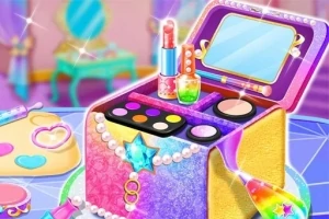 En farverig makeup-boks med spejl, læbestift, neglelak, og øjenskygge i et rum med pastelfarvede møbler