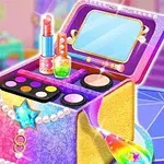En farverig makeup-boks med spejl, læbestift, neglelak, og øjenskygge i et rum med pastelfarvede møbler