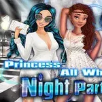 Tre unge kvinder i hvide kjoler står stilfuldt på en festlig baggrund med teksten Princess All White Night Party
