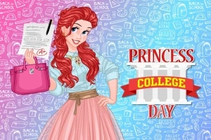 En tegneserieprinsesse med rødt hår holder et dokument og en lyserød taske, med teksten Princess College Day til højre