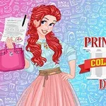 En tegneserieprinsesse med rødt hår holder et dokument og en lyserød taske, med teksten Princess College Day til højre