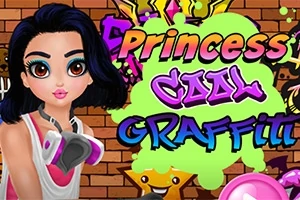 Tegneseriefigur med stort, mørkt hår står foran en murstensvæg med farverig graffiti og teksten Princess Cool Graffiti