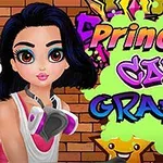 Tegneseriefigur med stort, mørkt hår står foran en murstensvæg med farverig graffiti og teksten Princess Cool Graffiti