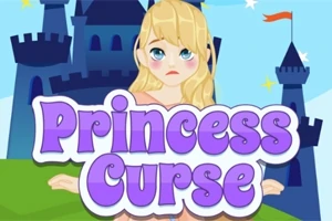 Tegning af en trist prinsesse foran et slot med teksten Princess Curse i lilla bogstaver