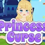 Tegning af en trist prinsesse foran et slot med teksten Princess Curse i lilla bogstaver
