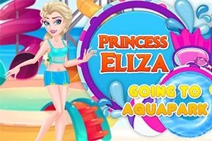 Tegneserieprinsesse i turkis badetøj foran en farverig vandparkbaggrund med teksten Princess Eliza Going to Aquapark
