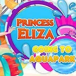Tegneserieprinsesse i turkis badetøj foran en farverig vandparkbaggrund med teksten Princess Eliza Going to Aquapark