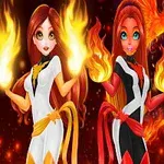 To anime-figurer med langt rødt hår og ild i hænderne, iført farverige dragter mod en glødende baggrund