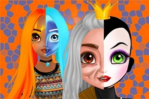 To kvindelige figurer med delt ansigt, der viser forskellige frisurer og makeup, mod en orange geometrisk baggrund