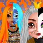 To kvindelige figurer med delt ansigt, der viser forskellige frisurer og makeup, mod en orange geometrisk baggrund