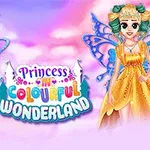 To prinsesser i farverige kjoler med fevinger står mod en lyserød og lilla himmel