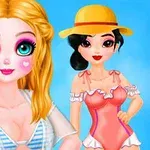 To an unge kvinder i sommeroutfits, den ene med blond hår og hjerter på kinderne, den anden med mørkt hår og en gul hat, mod en blå baggrund