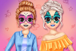 To personer med sommerfuglemakeup og farverige tøj foran en gradientbaggrund med små doodles