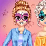To personer med sommerfuglemakeup og farverige tøj foran en gradientbaggrund med små doodles