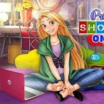 Prinsesse med langt blondt hår sidder foran en bærbar computer i et farverigt værelse med teksten Princess Shopping Online og rabatprocenter i baggrunden