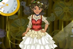 Ung kvinde i en detaljeret steampunk-inspireret kjole med tandhjul i baggrunden
