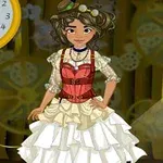 Ung kvinde i en detaljeret steampunk-inspireret kjole med tandhjul i baggrunden