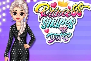 En kvinde med en lang fletning iført en sort kjole med hvide prikker står foran en lilla baggrund med teksten Princess Stripes vs Dots med en krone og hjerter
