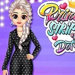 En kvinde med en lang fletning iført en sort kjole med hvide prikker står foran en lilla baggrund med teksten Princess Stripes vs Dots med en krone og hjerter