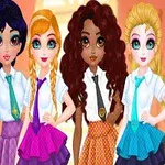 Fem animerede figurer iført forskellige skoleuniformer med farverige slips og nederdele står side om side