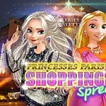 To animerede figurer i elegant tøj står foran en oplyst bygning med teksten Princesses Paris Shopping Spree