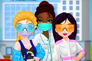 Tre animerede kvinder iført beskyttelsesbriller og masker står sammen foran en hospitalsbygning