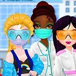 Tre animerede kvinder iført beskyttelsesbriller og masker står sammen foran en hospitalsbygning