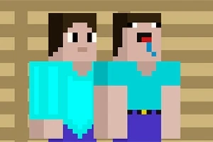 To pixelfigurer med brun hår og blå trøjer, hvor den ene savler, står foran en stribet baggrund
