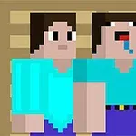To pixelfigurer med brun hår og blå trøjer, hvor den ene savler, står foran en stribet baggrund