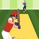 En tegneserieillustration af en cricketspiller i rødt og hvidt, der er klar til at slå bolden, mens en anden spiller kaster