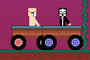 To figurer med pixelgrafik sidder i en vogn med store hjul mod en lilla baggrund