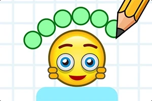 En glad gul emoji med blå øjne, omgivet af en bue af grønne cirkler, mens en blyant tegner i højre hjørne