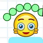 En glad gul emoji med blå øjne, omgivet af en bue af grønne cirkler, mens en blyant tegner i højre hjørne