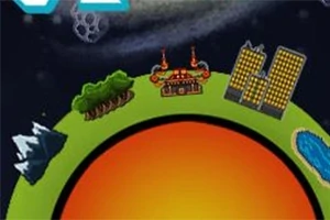 Et lille, stiliseret planetudsnit med bjerge, skov, bygninger, og en sø, set mod en mørk baggrund med en asteroide