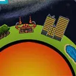 Et lille, stiliseret planetudsnit med bjerge, skov, bygninger, og en sø, set mod en mørk baggrund med en asteroide