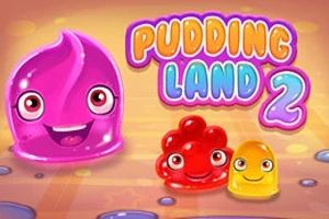 Tre farverige, smilende geléagtige figurer foran teksten Pudding Land 2