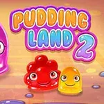 Tre farverige, smilende geléagtige figurer foran teksten Pudding Land 2