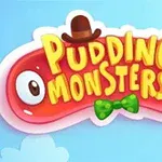 Rødt puddingmonster med store øjne, brun hat og grøn butterfly på blå baggrund